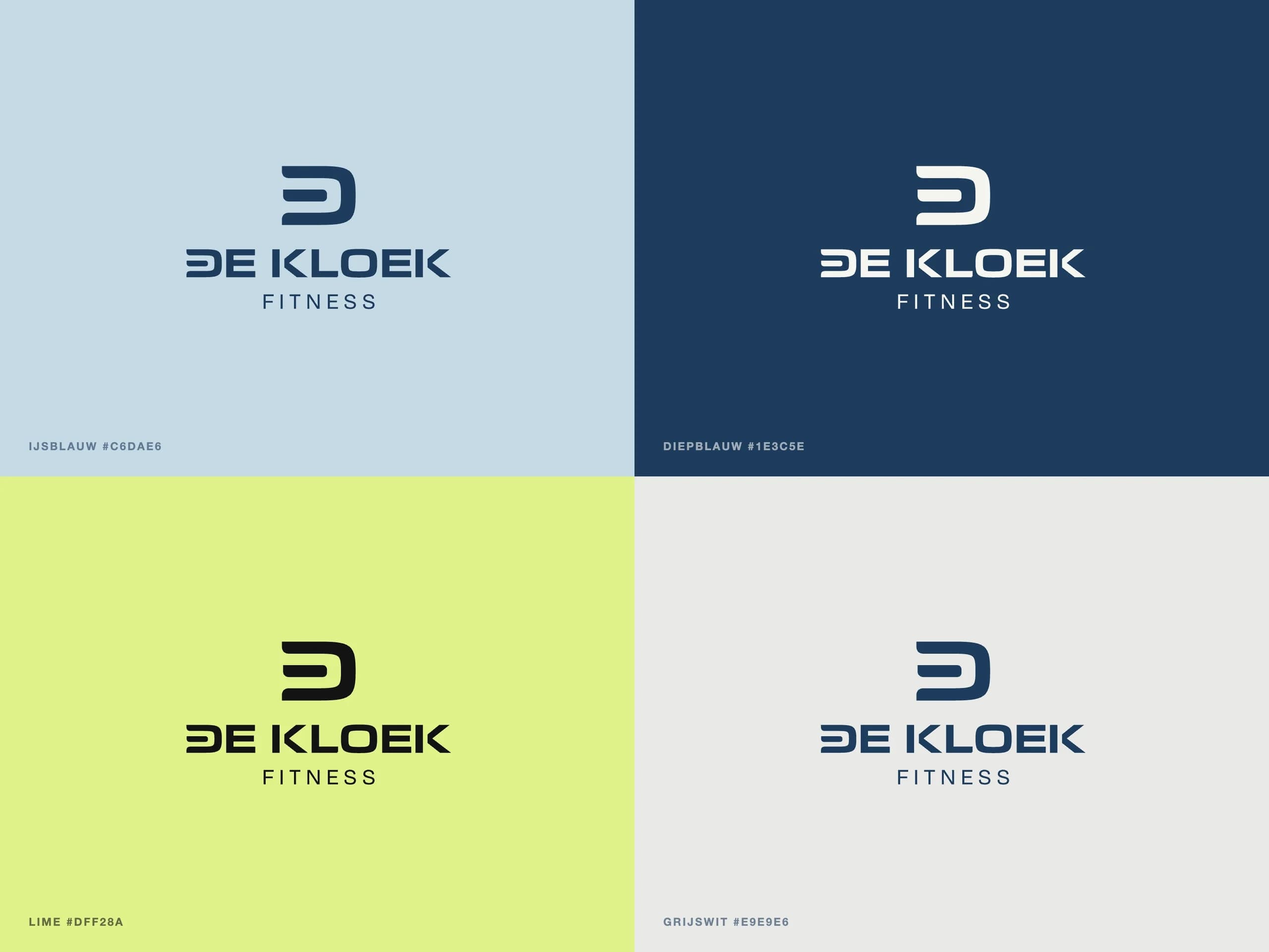 Het logo van De Kloek Fitness op de vier kleuren van de website: ijsblauw, diepblauw, lime en grijswit