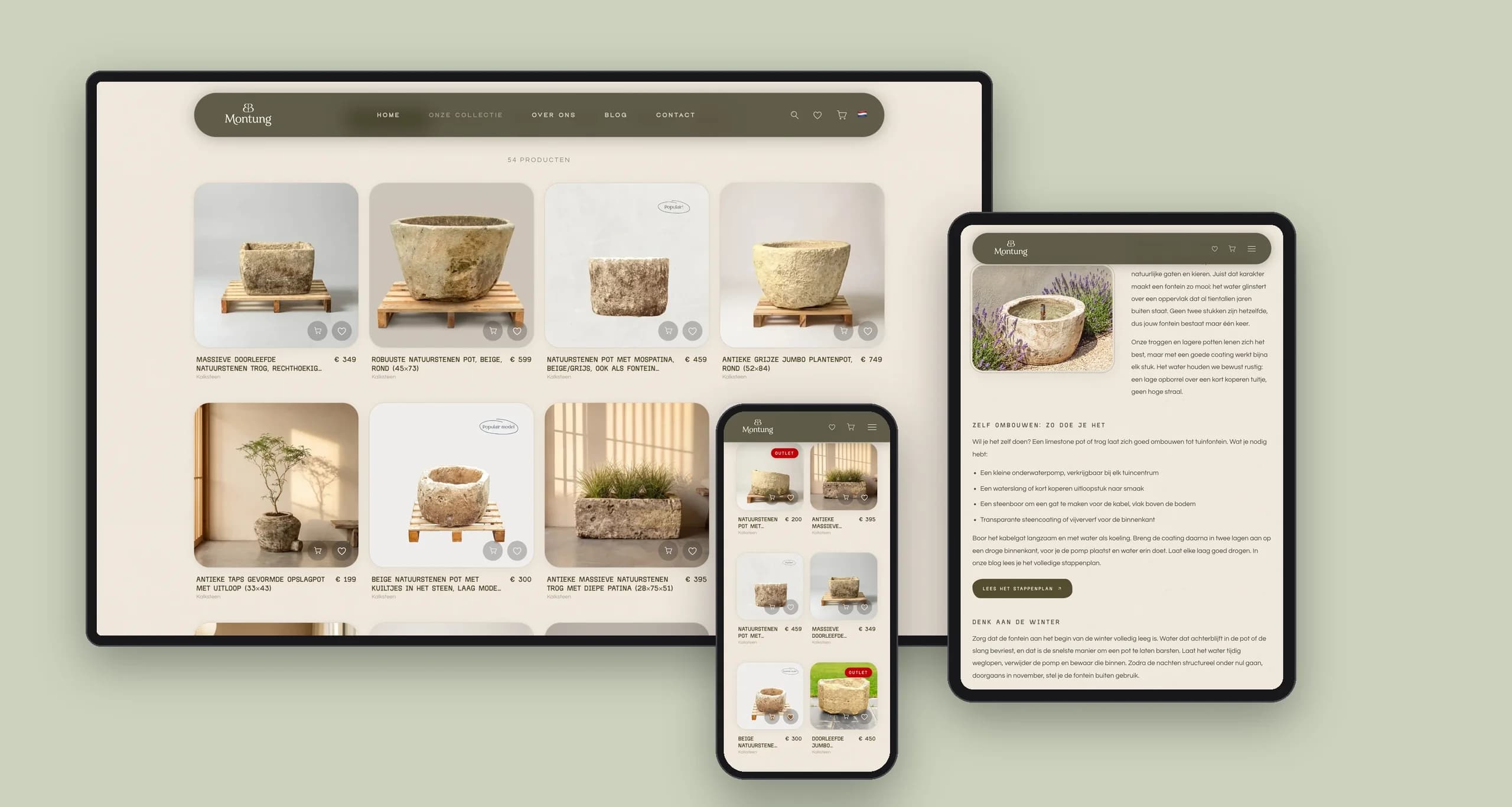 De collectiepagina van Montung op desktop en telefoon, met de fonteinenpagina op een tablet