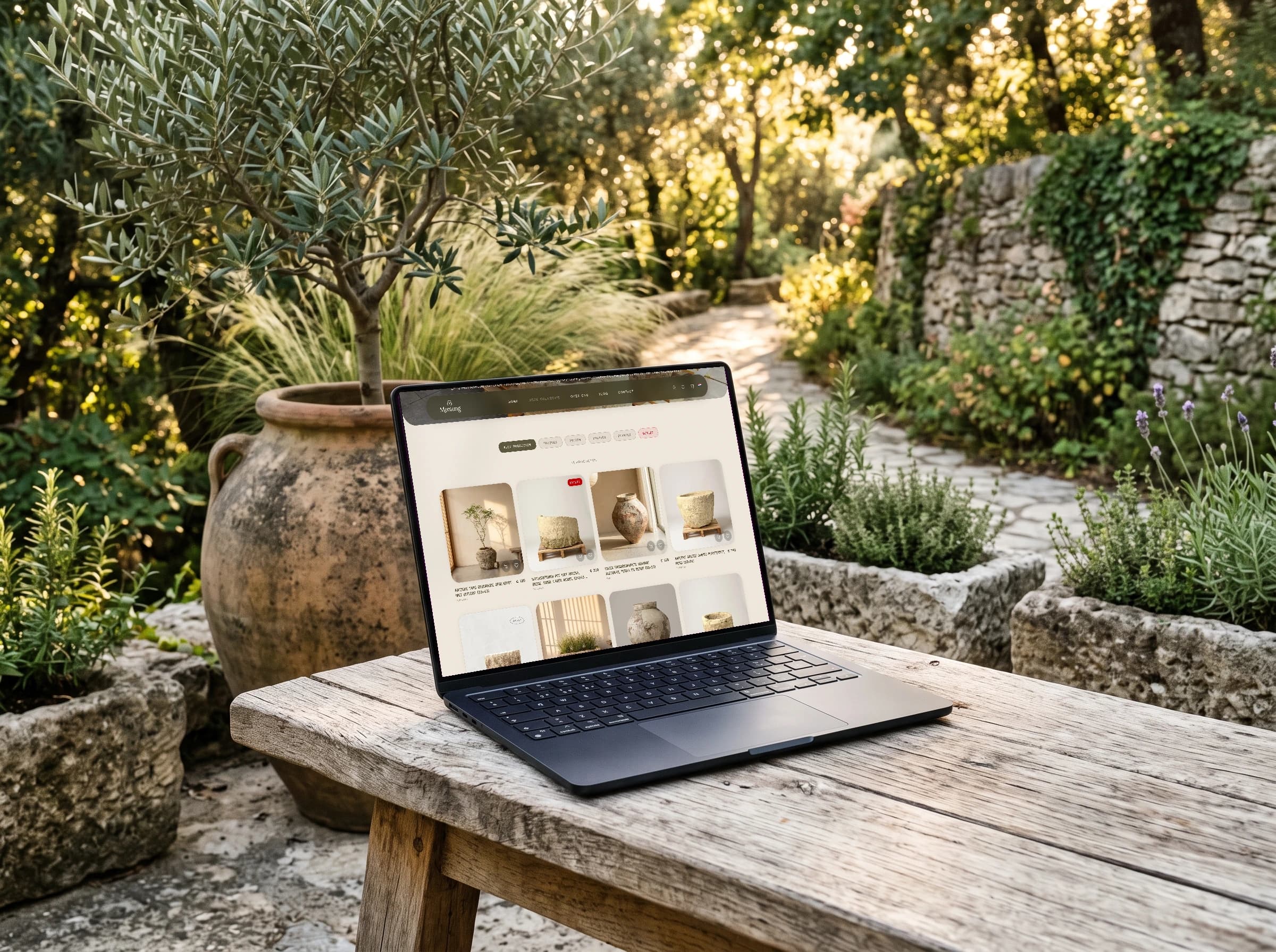 Montung collectiepagina op een laptop in een tuin met natuurstenen potten