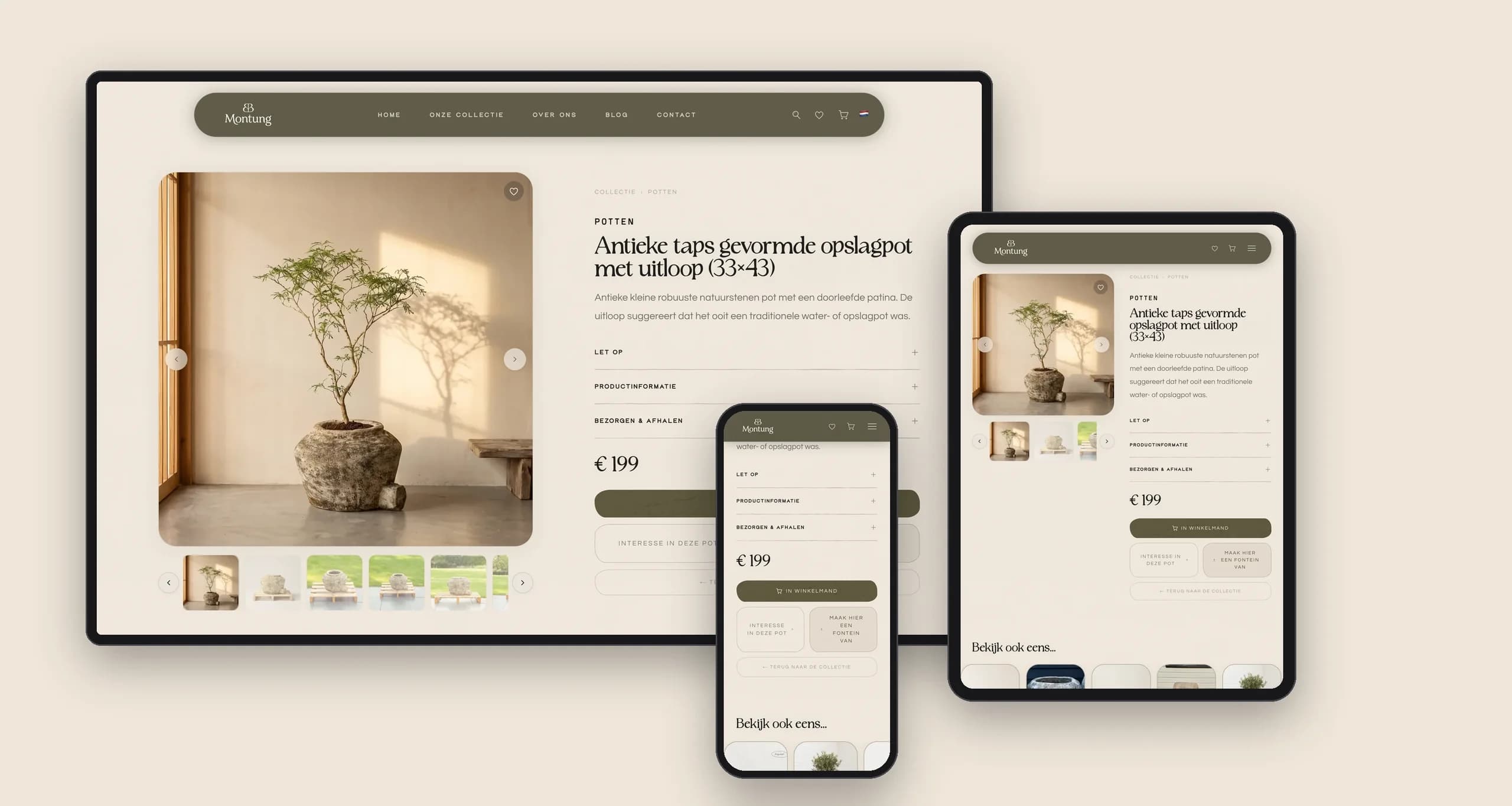 De productpagina van Montung op desktop, tablet en telefoon