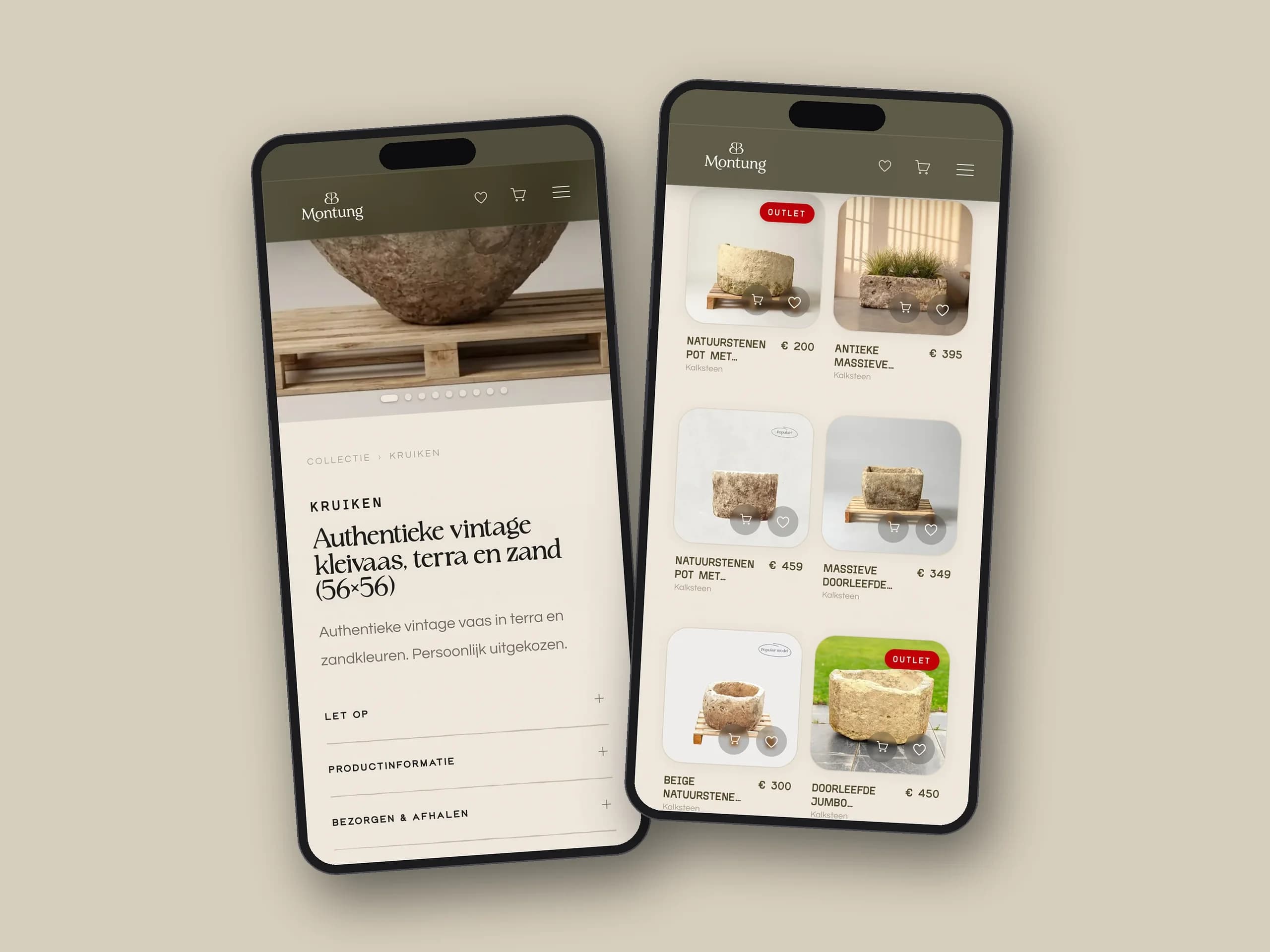 Twee telefoons met de productpagina van een antieke kleivaas en het collectieraster van Montung