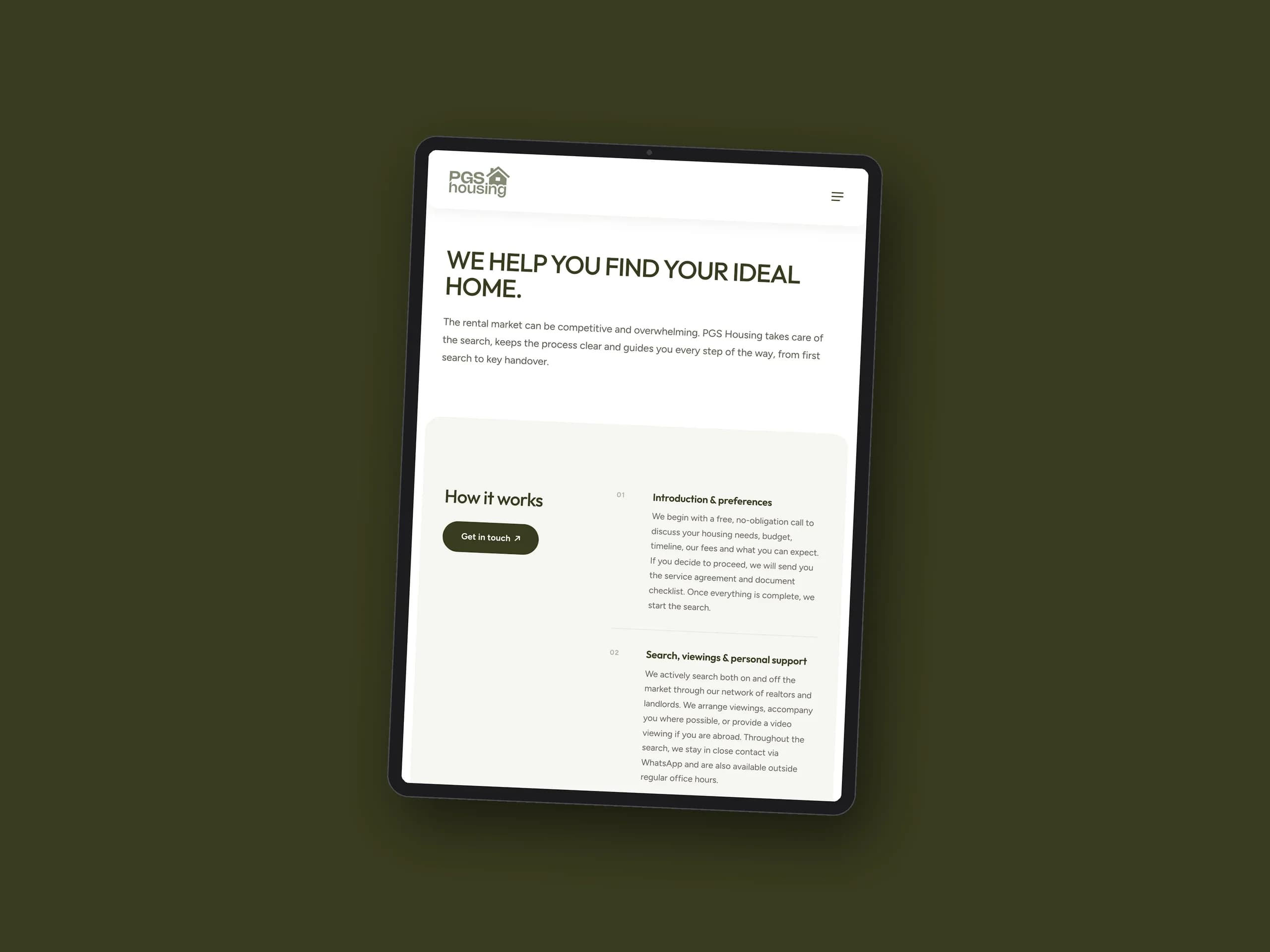 De pagina voor huurders van PGS Housing op een tablet