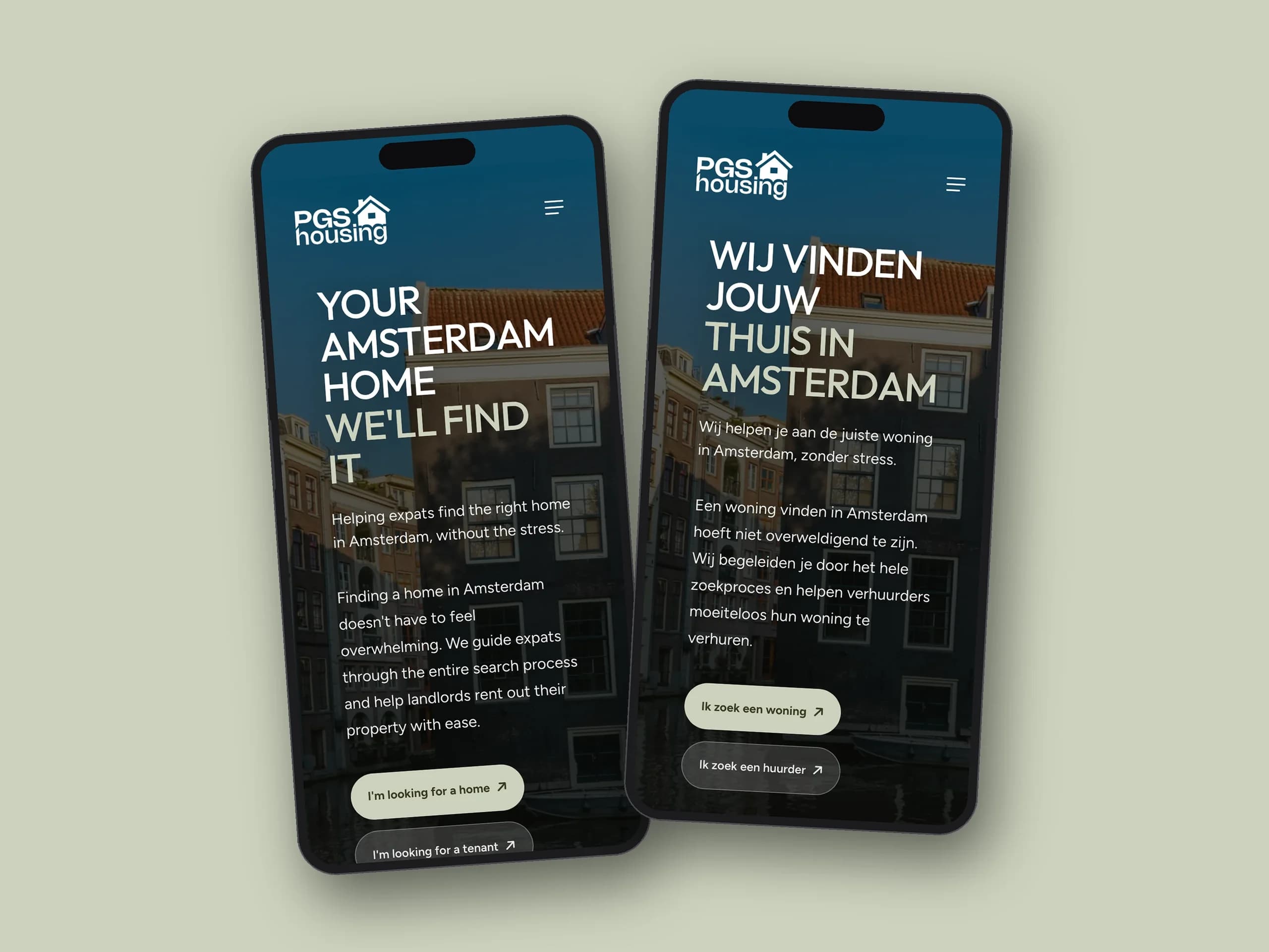De homepage van PGS Housing op twee telefoons, links in het Engels en rechts in het Nederlands
