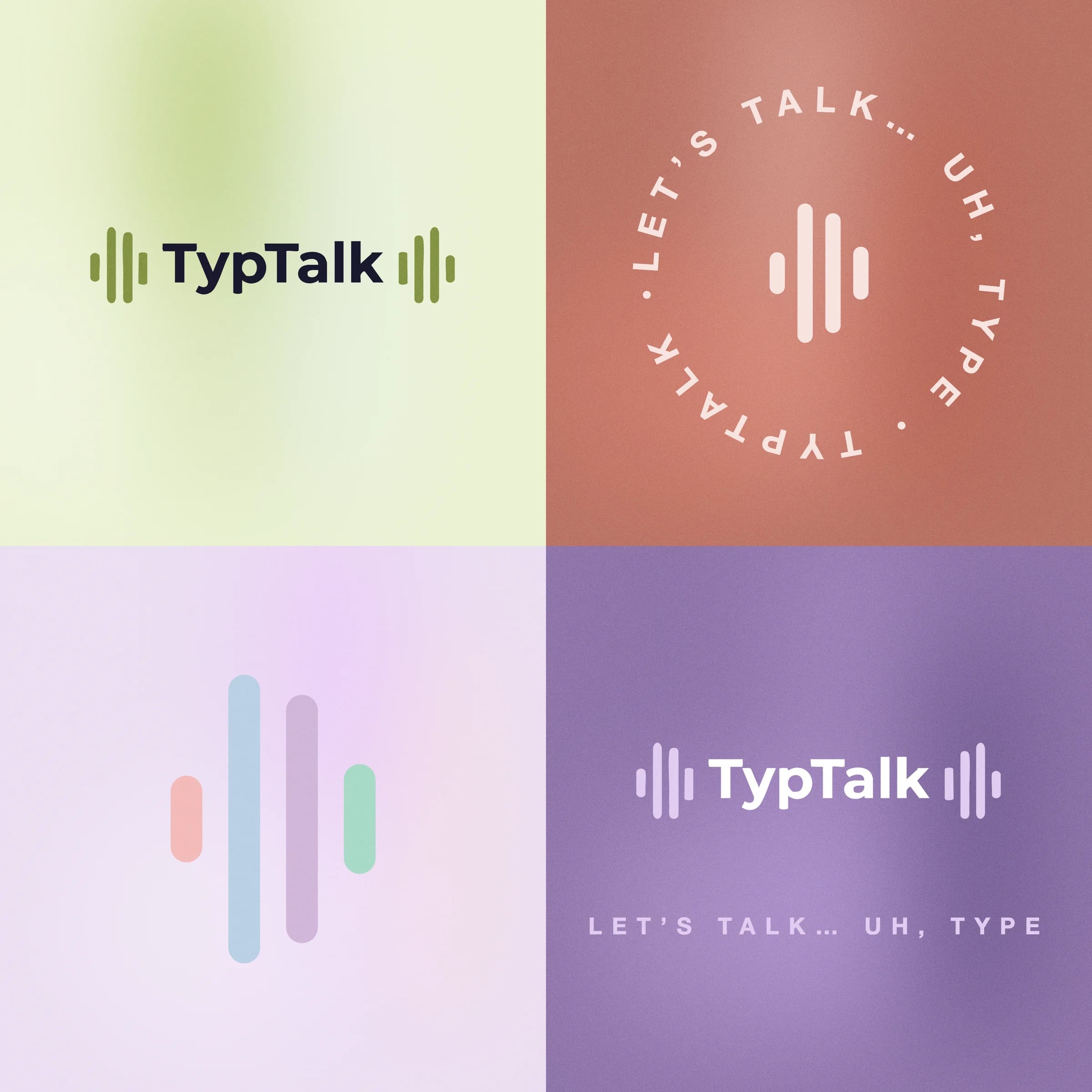 Het logo van TypTalk op limoen, terra, lavendel en lila, met het beeldmerk in de vier pastels