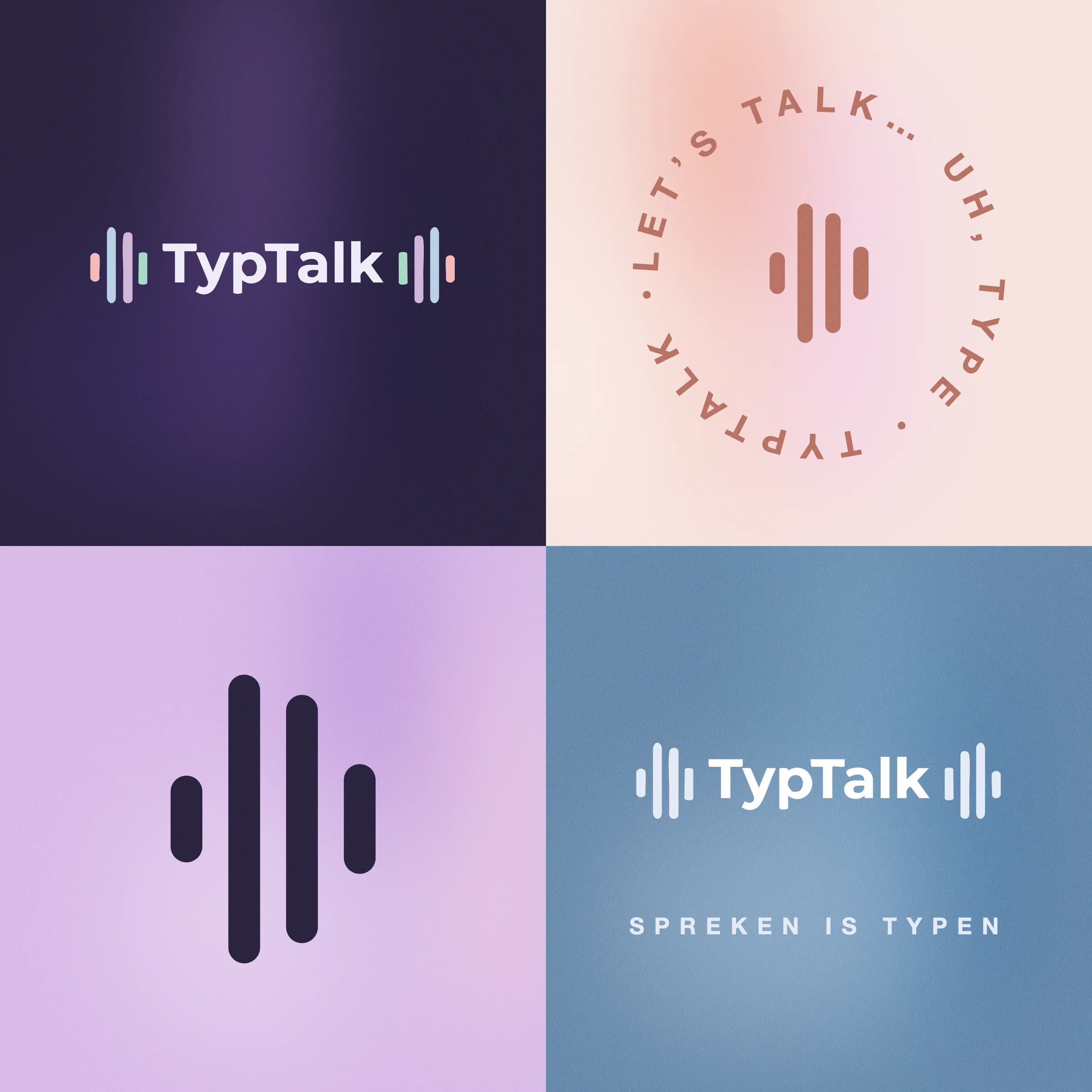 Het logo van TypTalk in vier kleuren uit het palet: paars, roze, lavendel en blauw
