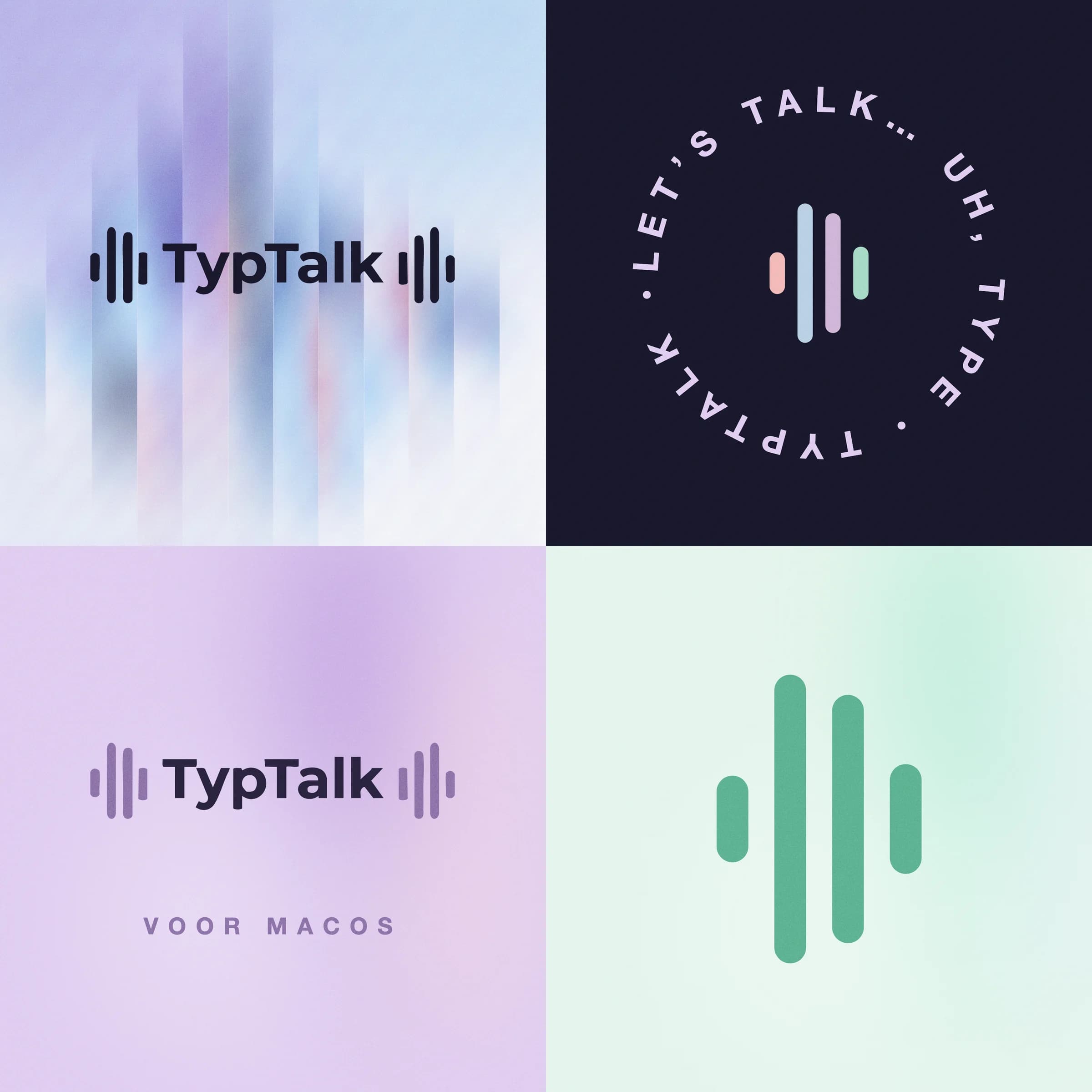 Het logo van TypTalk in vier vlakken: op lichtblauwe golfbalken, als ronde badge met Let's talk, uh, type, op lila en het beeldmerk in mint