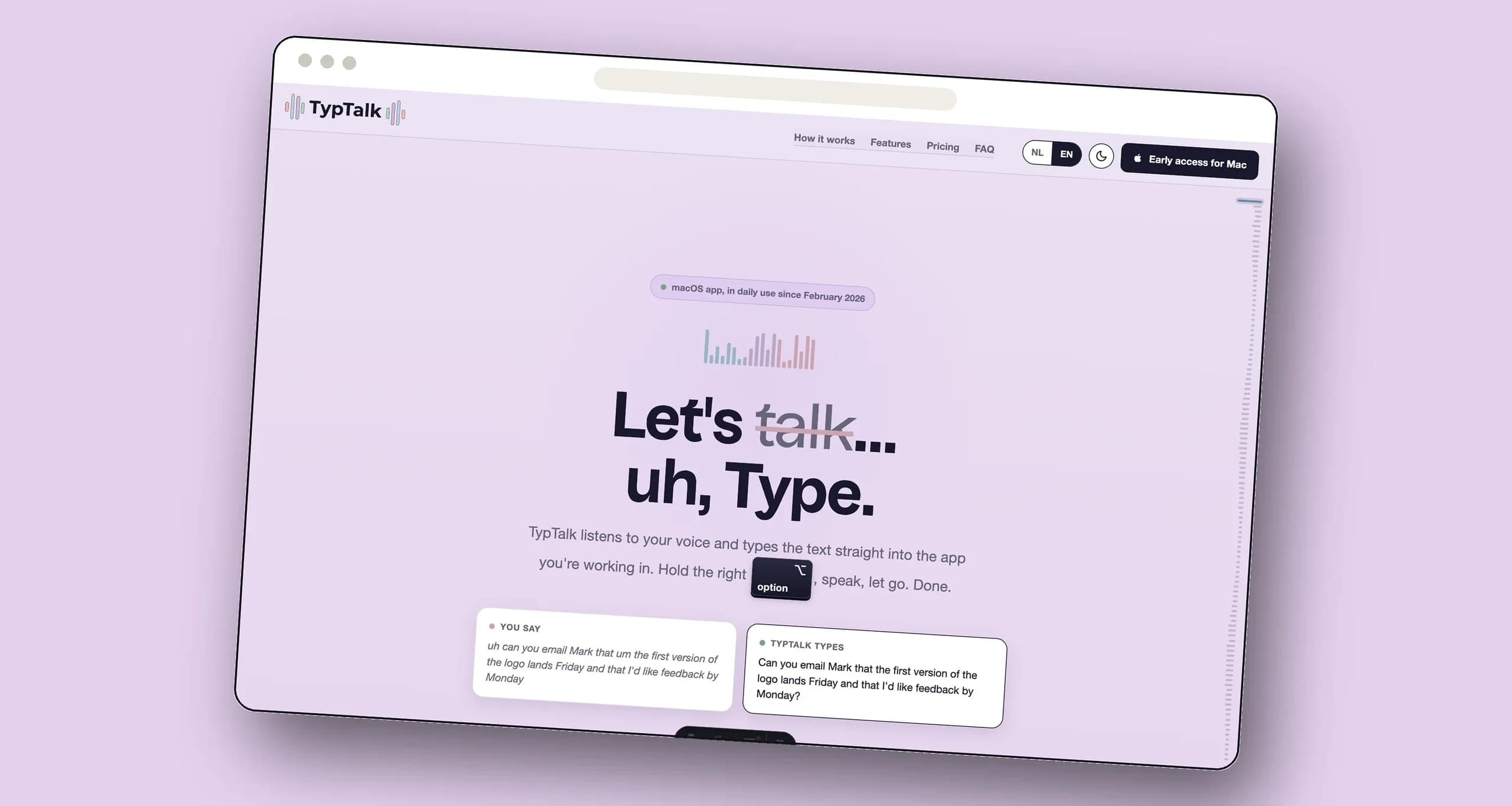 De Engelse versie van de landingspagina van TypTalk in een browservenster, met de kop Let's talk, uh, Type