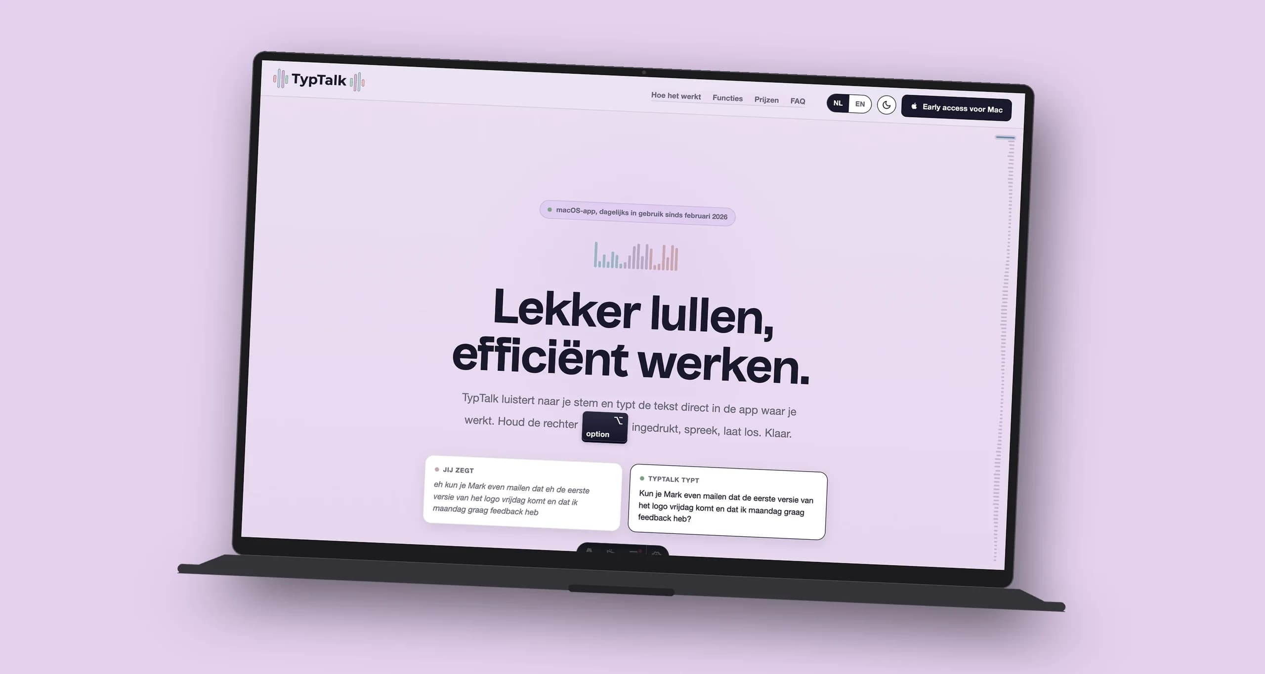 De landingspagina van TypTalk op een laptop, met de kop Lekker lullen, efficiënt werken