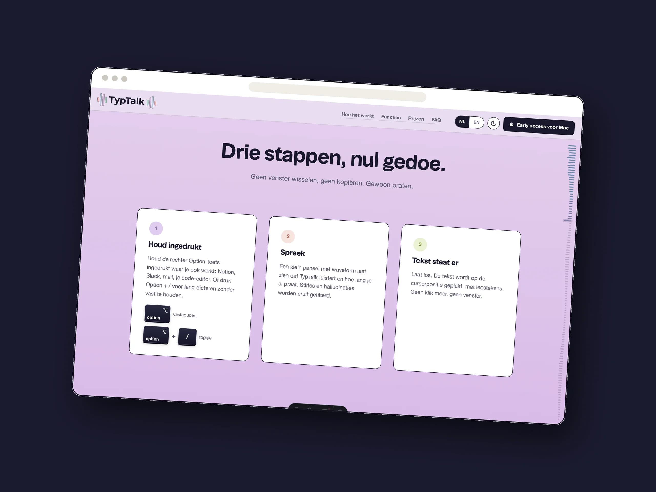 De drie stappen van TypTalk op de landingspagina, in een browservenster op nachtblauw