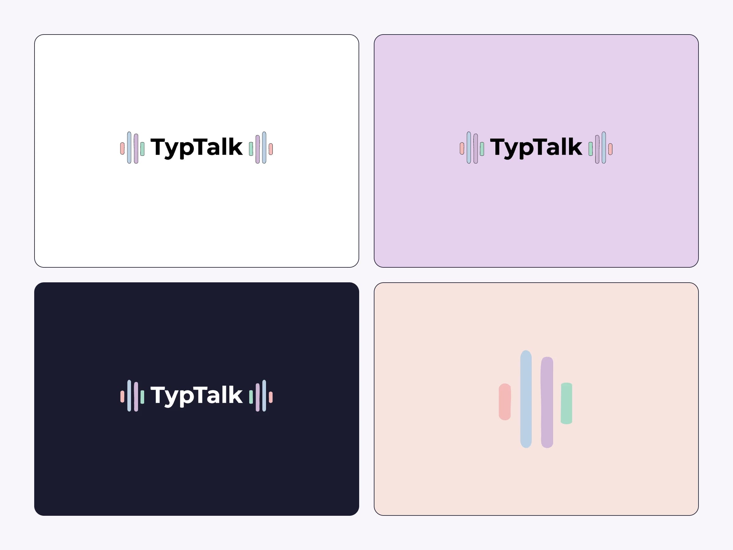 Het logo van TypTalk op wit, lavendel en nachtblauw, en het beeldmerk op roze