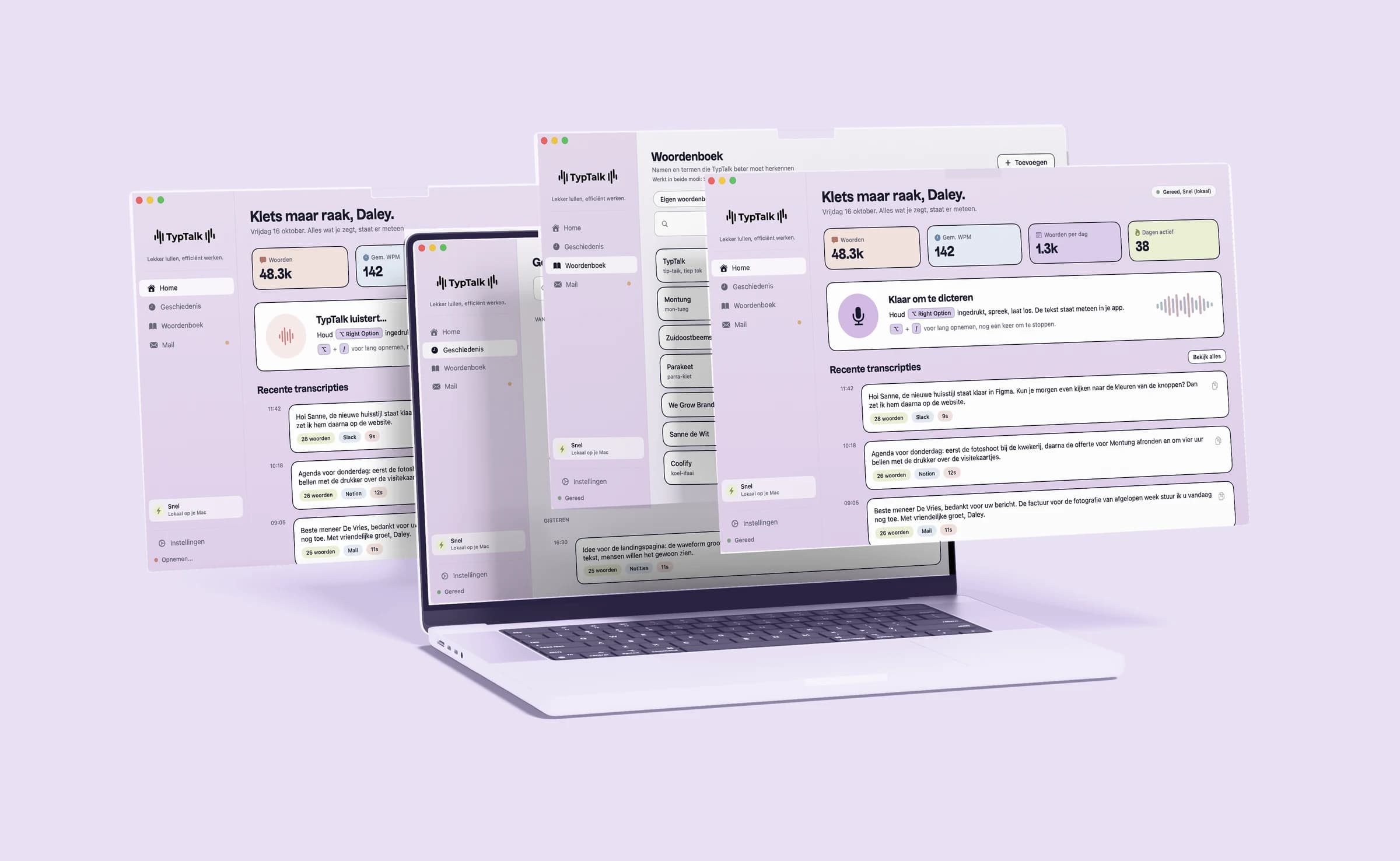 Vier schermen van de TypTalk-app zwevend rond een laptop: home, geschiedenis en woordenboek