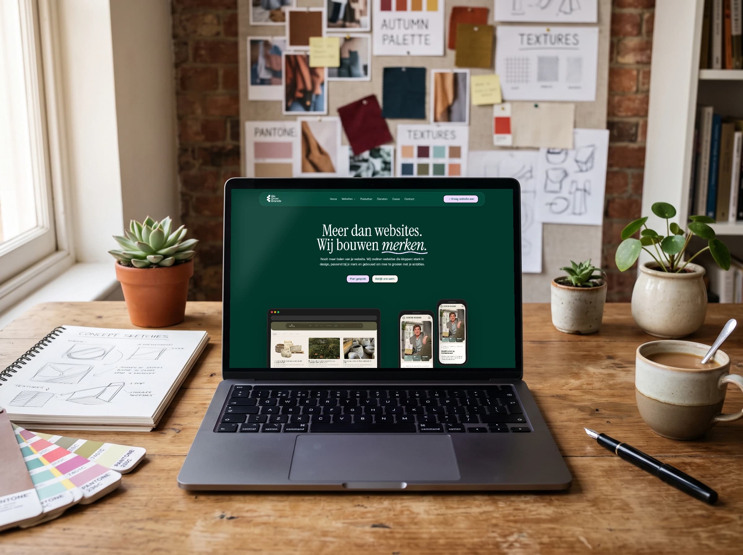 De homepage van We Grow Brands op een laptop in een ontwerpstudio